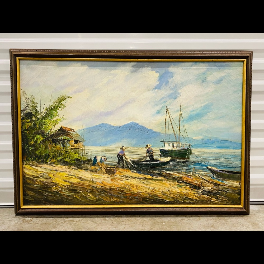 Original Fisherman Seascape Oil Painting Signed. Serene and Beautiful. 39” x 27”